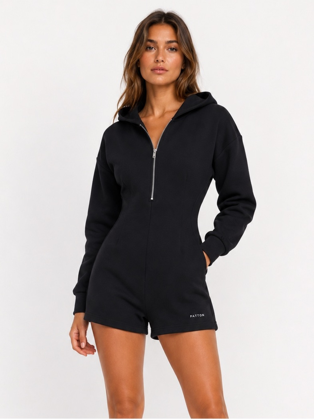 Patton Black Hooded Zip-Up Unitard Romper Size L Luxe Athleisure